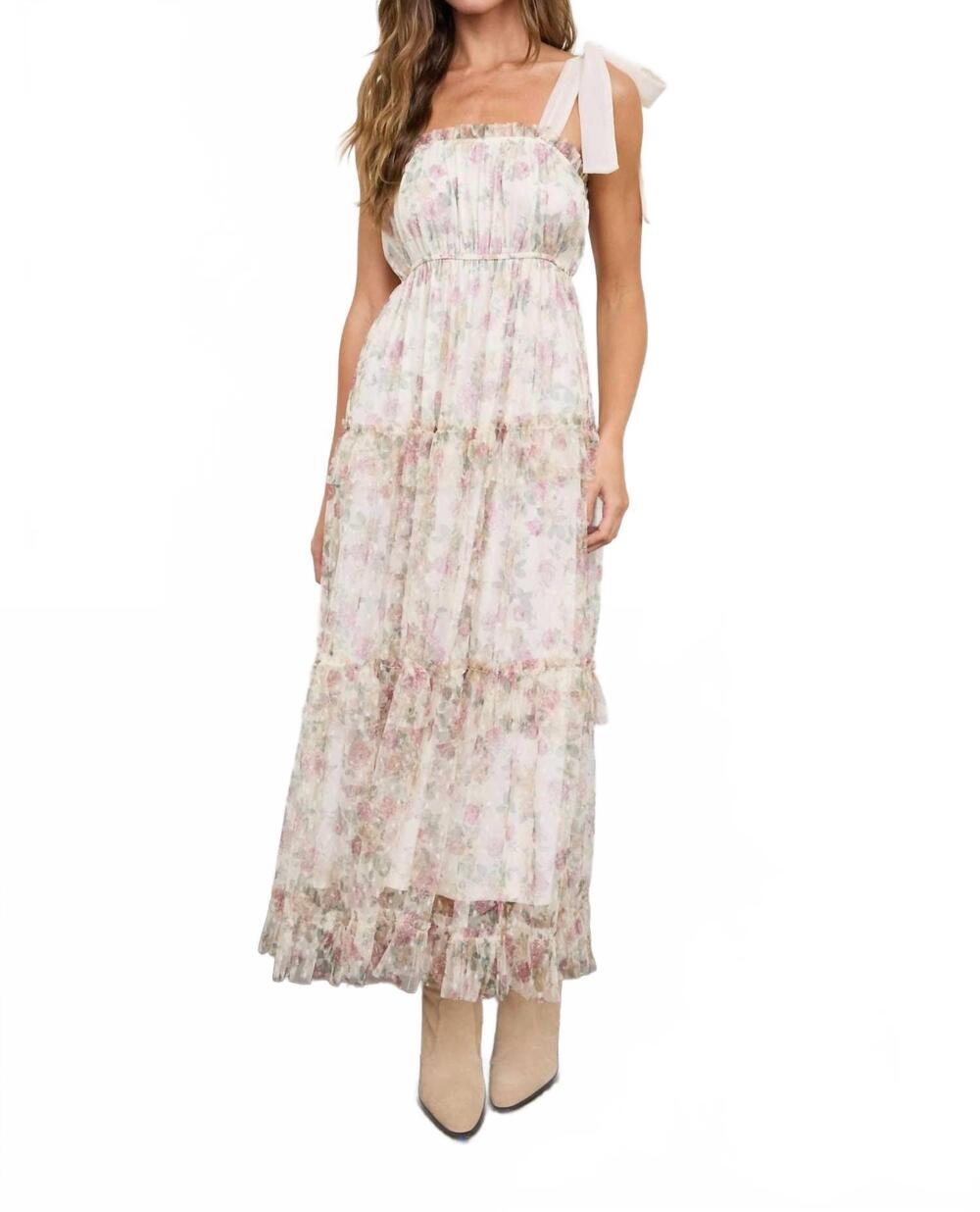 NEW BLU PEPPER floral chiffon tie strap ruffled tiered midi dress in oatmeal mul